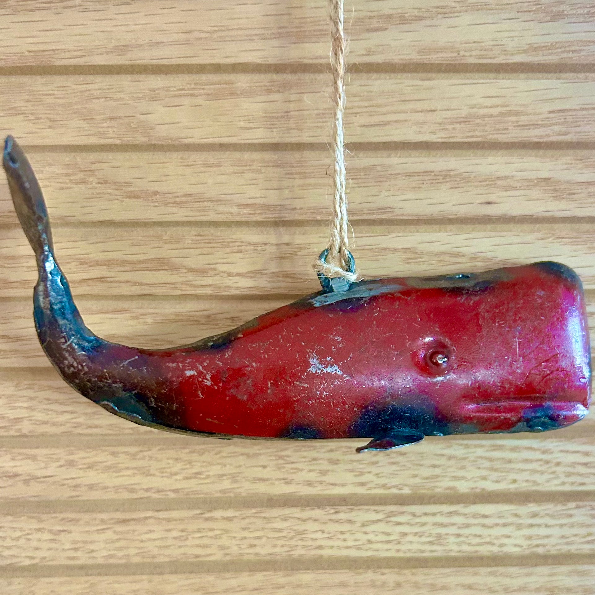 Red Reclaimed Metal Whale Ornament